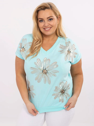 Miętowa casualowa bluzka plus size z dekoltem V