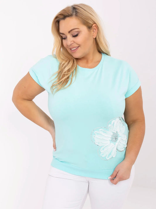 Miętowa bawełniana bluzka plus size z cekinami