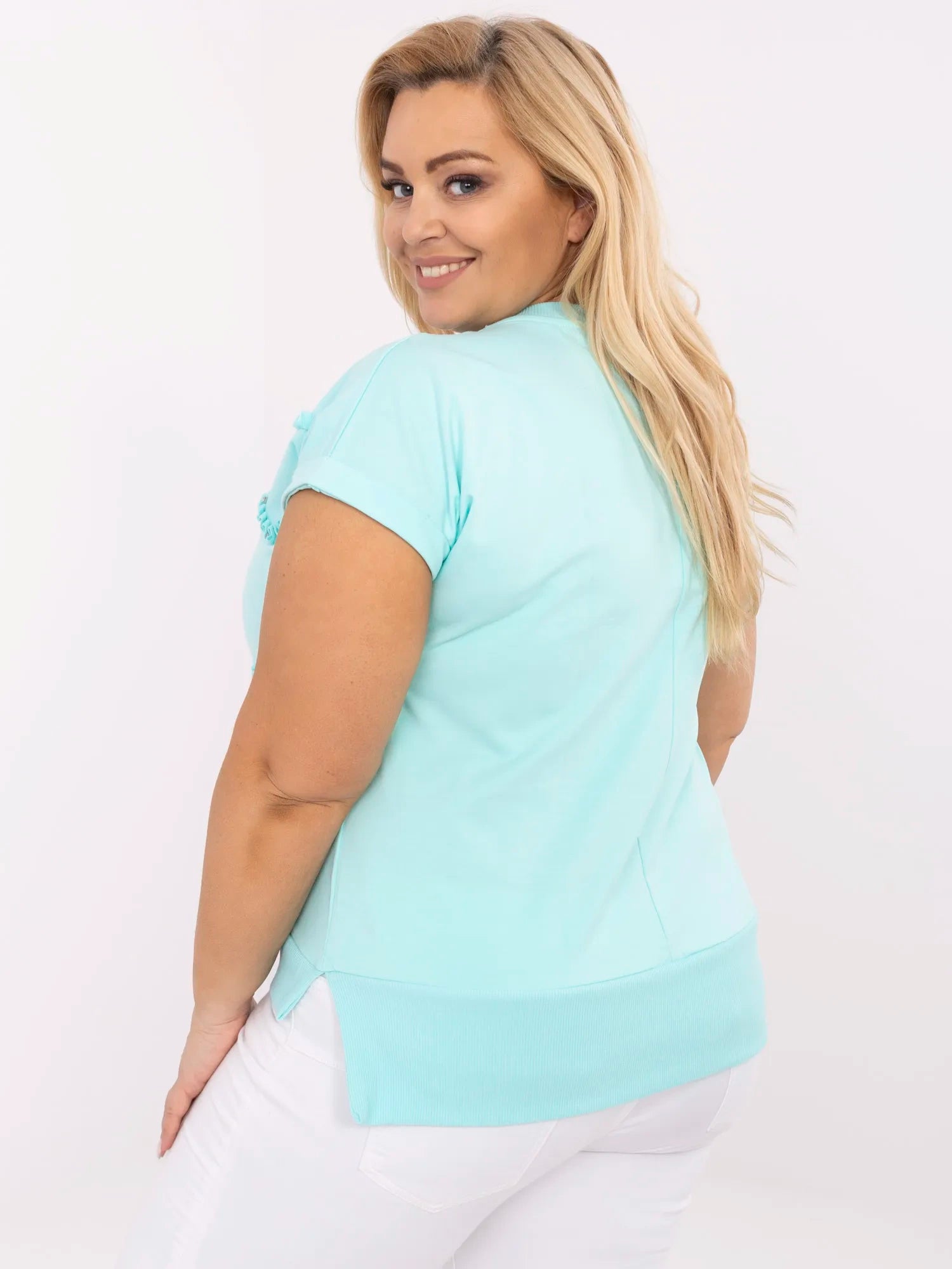 Miętowa bawełniana bluzka plus size w serca