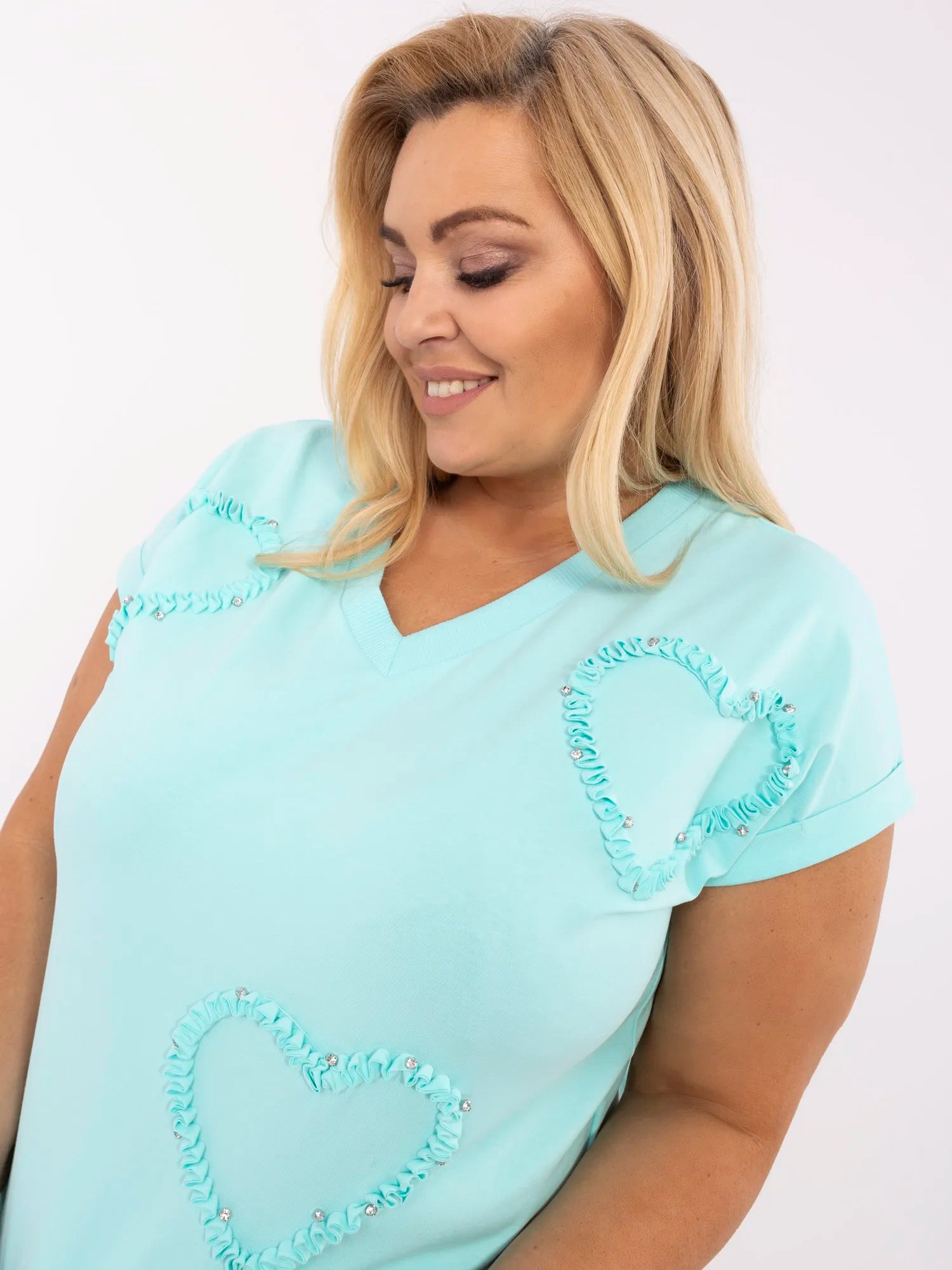 Miętowa bawełniana bluzka plus size w serca