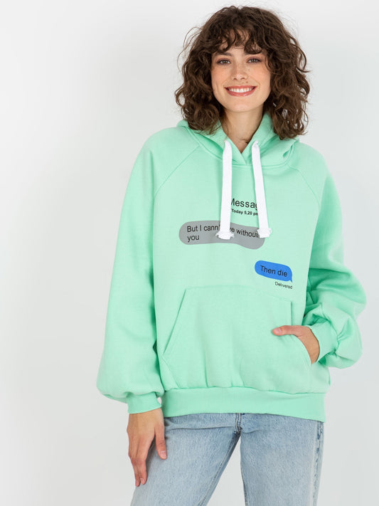 Miętowa dresowa bluza oversize kangurka z napisami