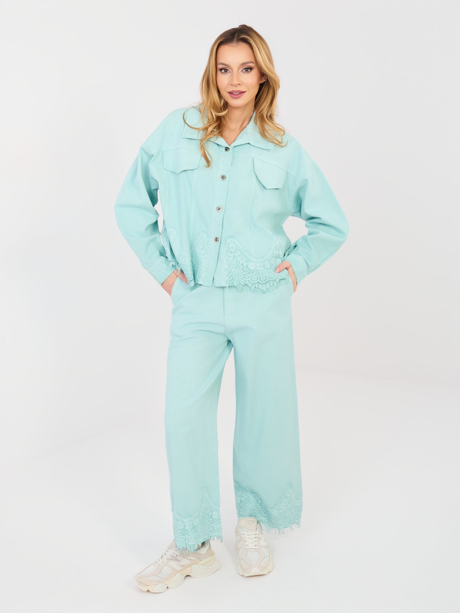 RUE PARIS Miętowe jeansowe spodnie wide leg