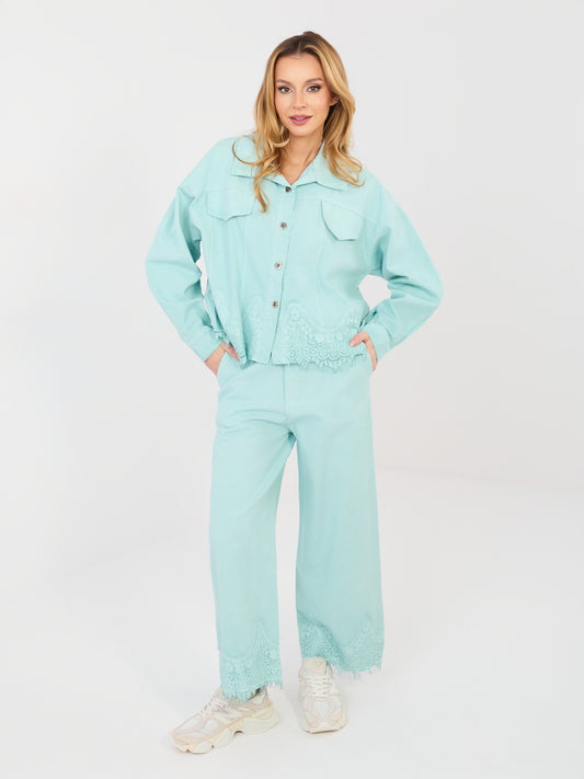 RUE PARIS Miętowe jeansowe spodnie wide leg