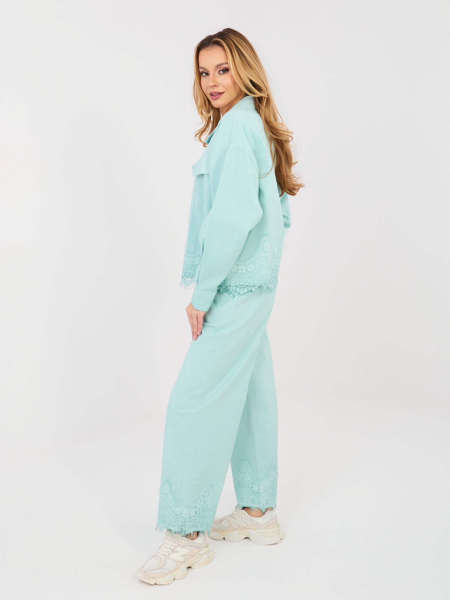 RUE PARIS Miętowe jeansowe spodnie wide leg
