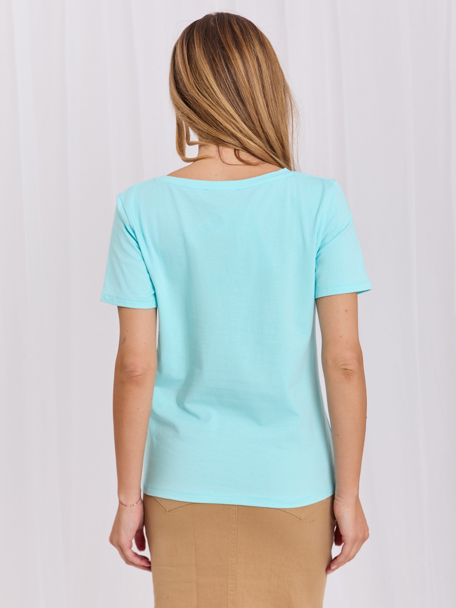 RUE PARIS Miętowy damski t-shirt basic z bawełny