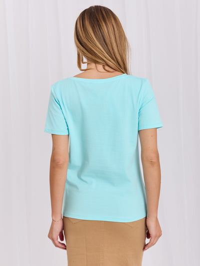 RUE PARIS Miętowy damski t-shirt basic z bawełny