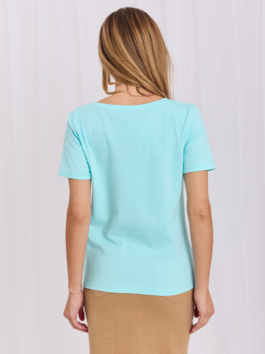 RUE PARIS Miętowy damski t-shirt basic z bawełny