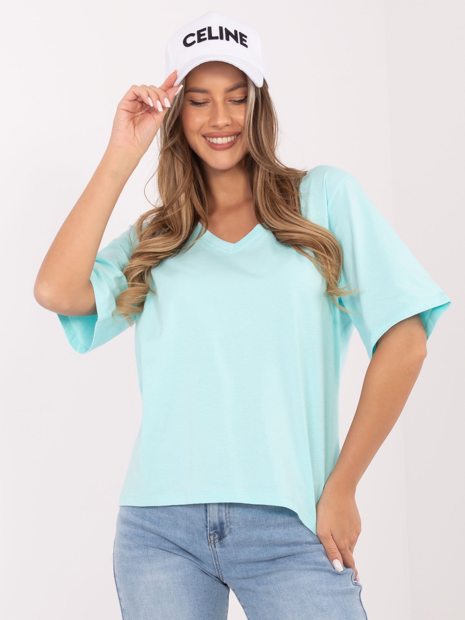 RUE PARIS Miętowy damski t-shirt oversize z dekoltem V