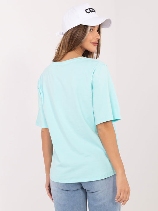 RUE PARIS Miętowy damski t-shirt oversize z dekoltem V