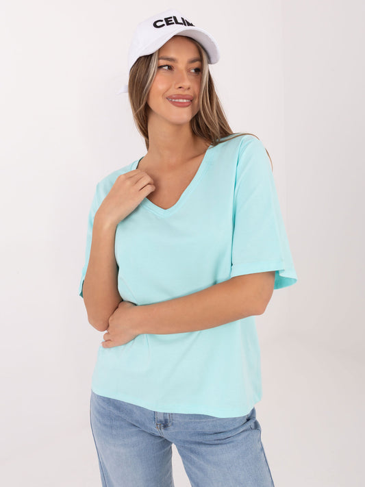 RUE PARIS Miętowy damski t-shirt oversize z dekoltem V