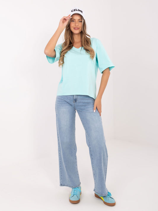 RUE PARIS Miętowy damski t-shirt oversize z dekoltem V
