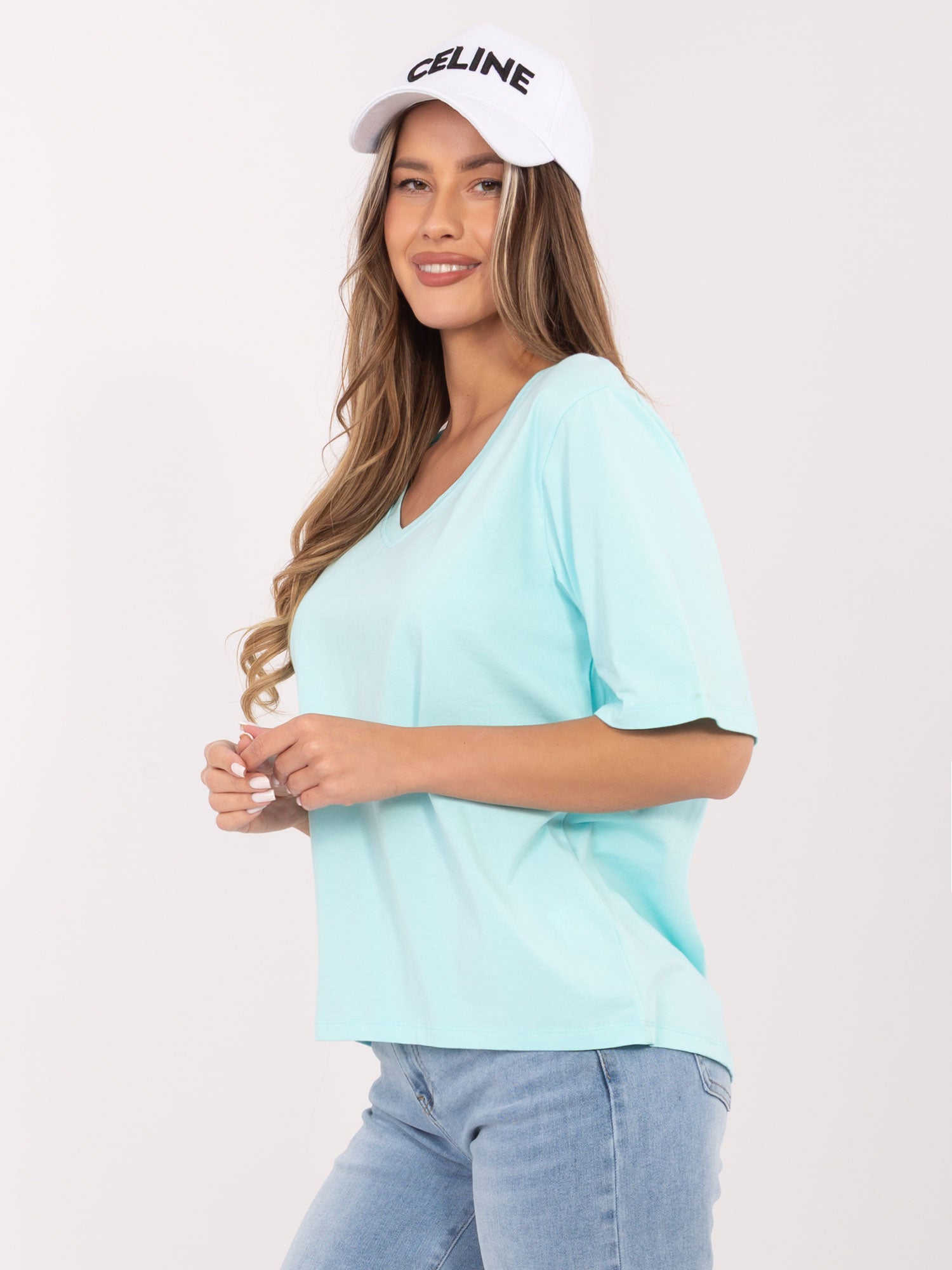 RUE PARIS Miętowy damski t-shirt oversize z dekoltem V