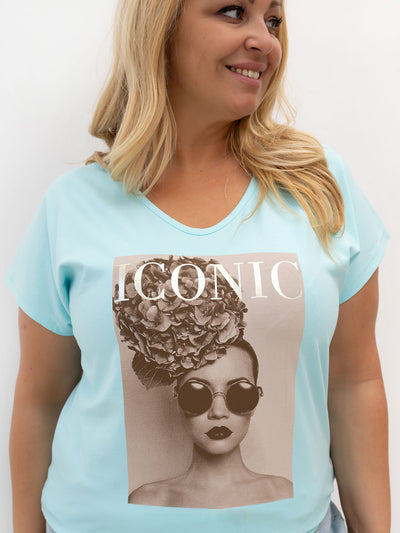 Miętowy bawełniany t-shirt plus size z nadrukiem