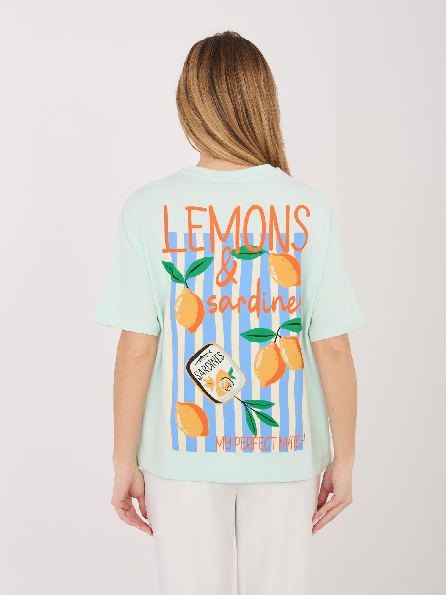 SUBLEVEL Miętowy damski t-shirt z letnim nadrukiem