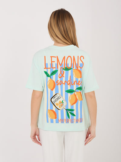SUBLEVEL Miętowy damski t-shirt z letnim nadrukiem