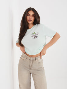 SUBLEVEL Miętowy bawełniany t-shirt z napisami