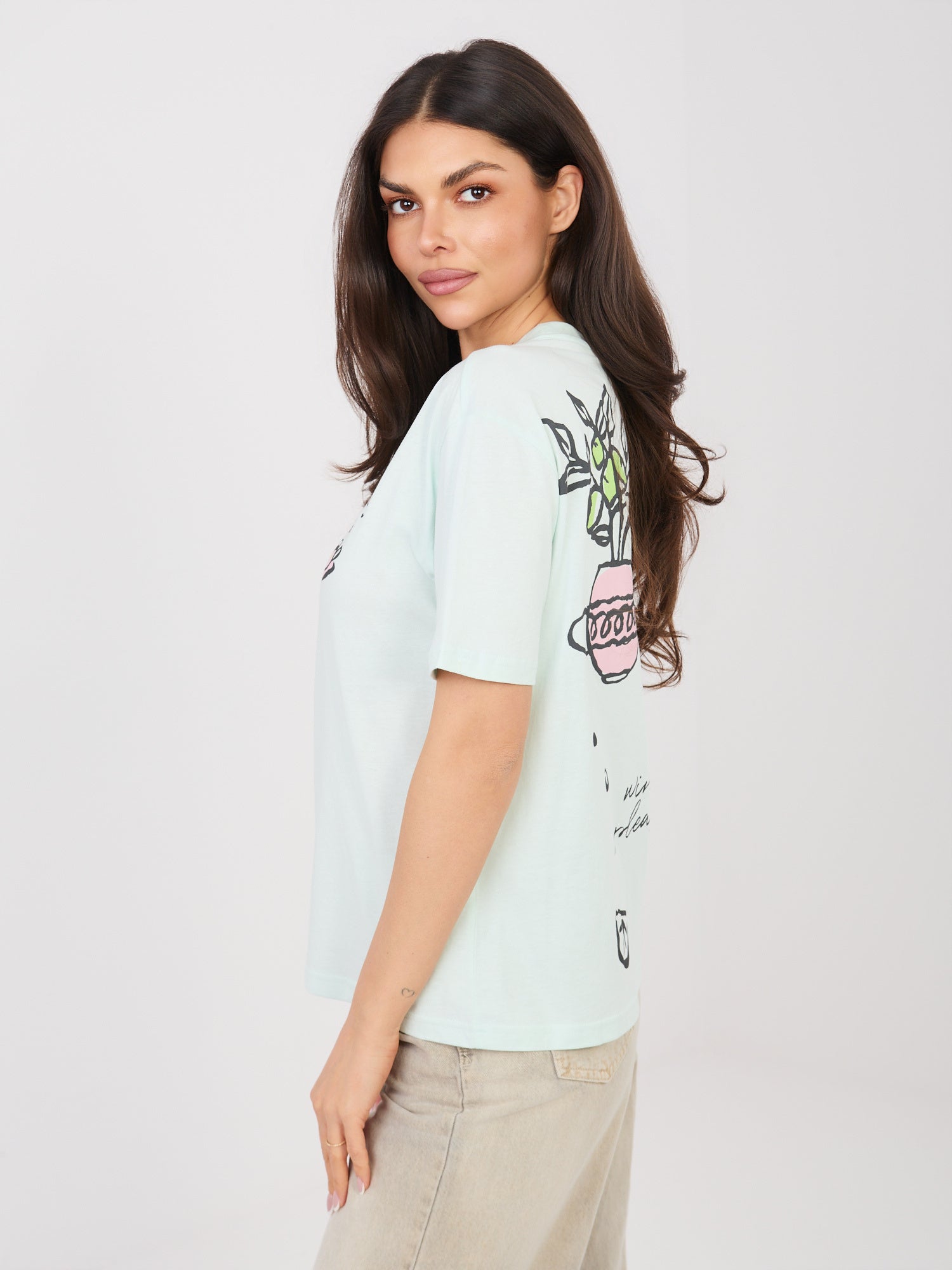 SUBLEVEL Miętowy bawełniany t-shirt z napisami