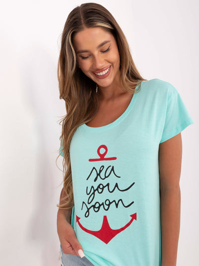 Miętowy damski t-shirt z nadrukiem