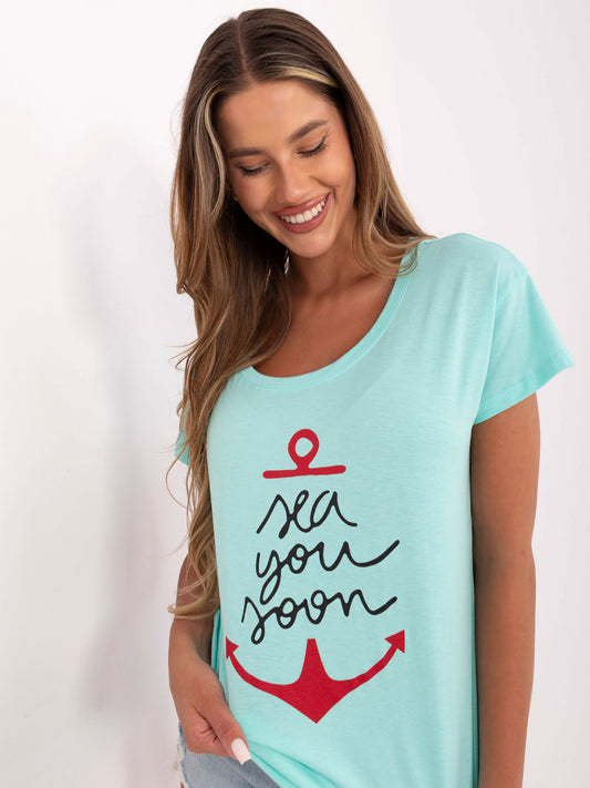 Miętowy damski t-shirt z nadrukiem