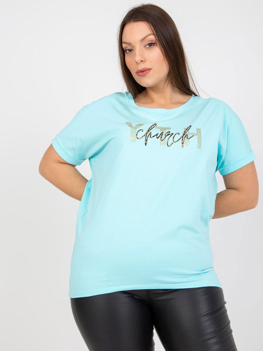 Miętowy t-shirt plus size z aplikacją
