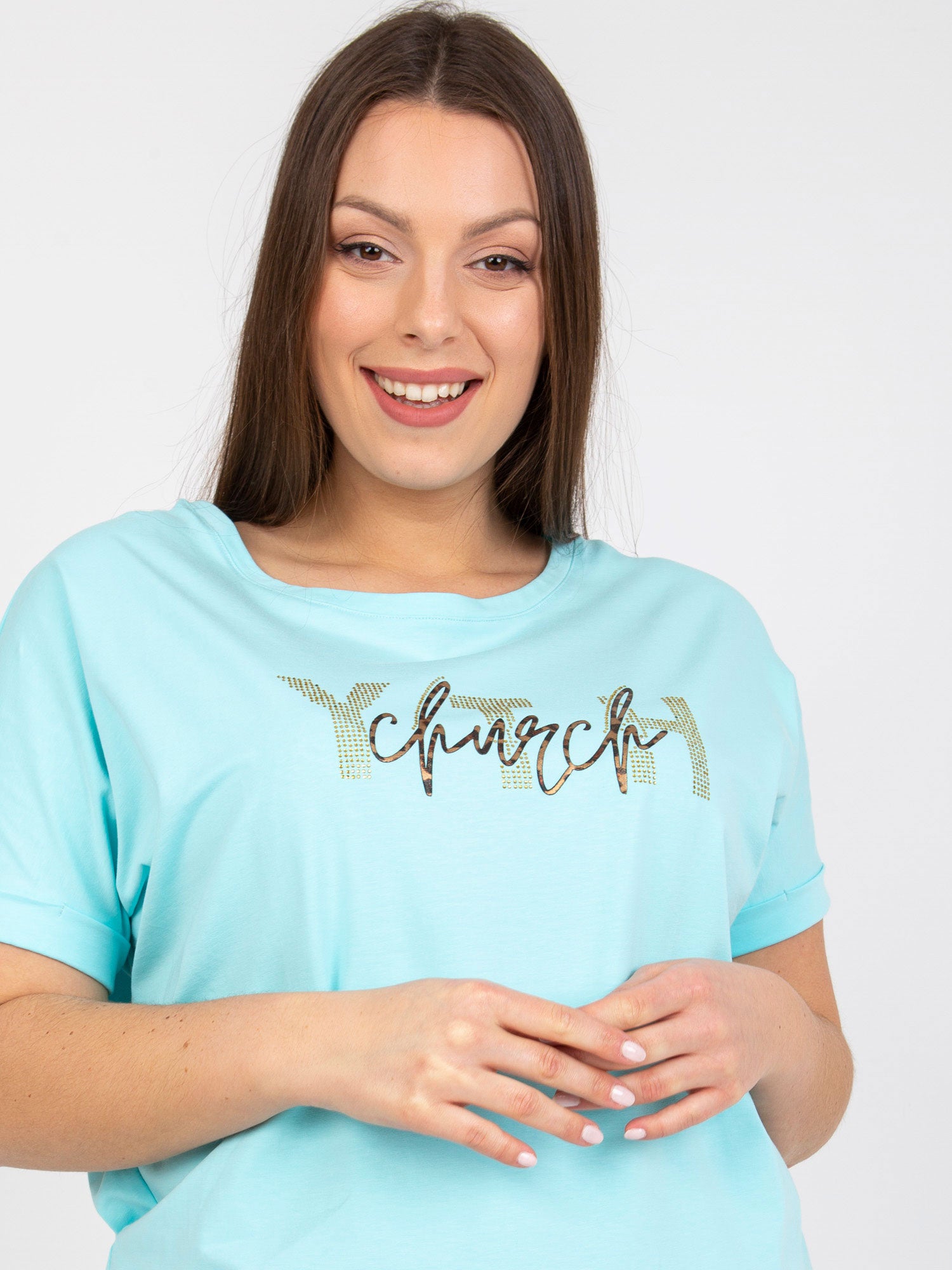 Miętowy t-shirt plus size z aplikacją