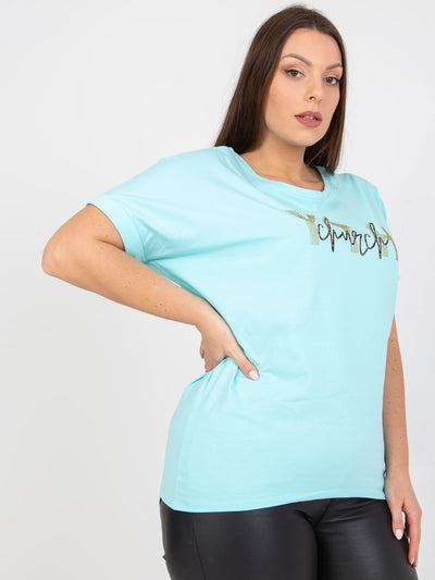 Miętowy t-shirt plus size z aplikacją