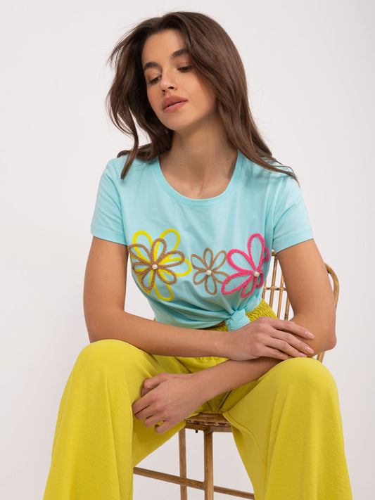 BASIC FEEL GOOD Miętowy t-shirt z kwiatową aplikacją