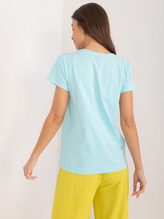 BASIC FEEL GOOD Miętowy t-shirt z kwiatową aplikacją