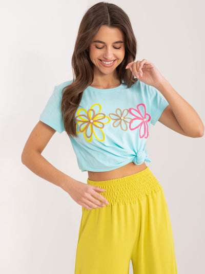 BASIC FEEL GOOD Miętowy t-shirt z kwiatową aplikacją