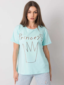 Miętowy damski t-shirt bawełniany z nadrukiem