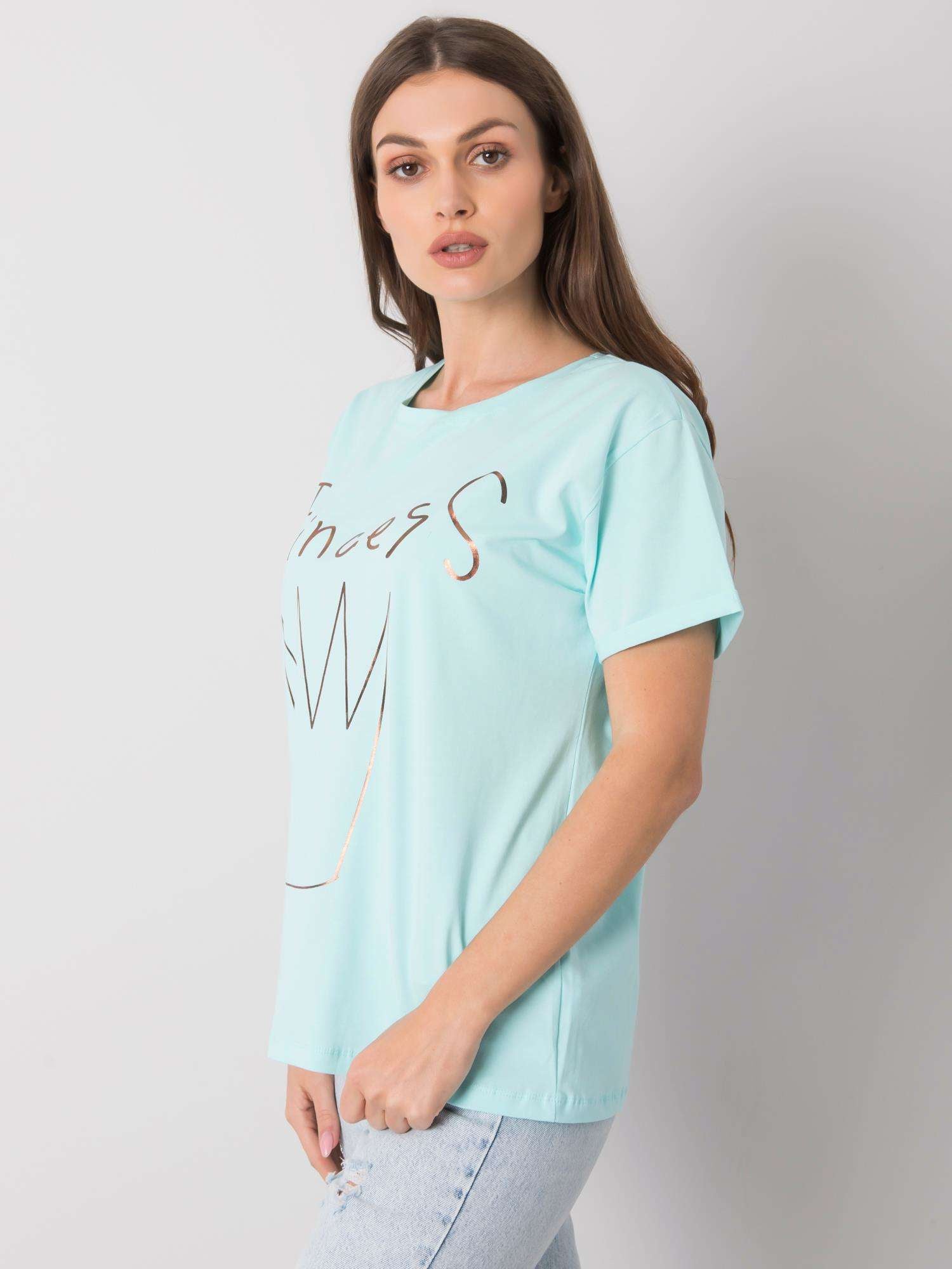 Miętowy damski t-shirt bawełniany z nadrukiem