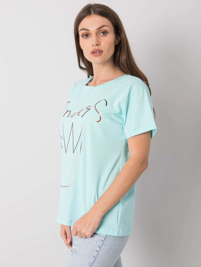 Miętowy damski t-shirt bawełniany z nadrukiem