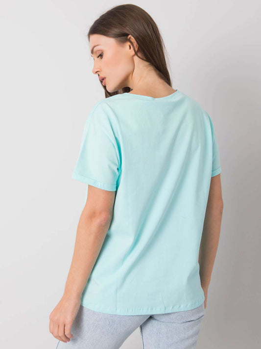 Miętowy damski t-shirt bawełniany z nadrukiem
