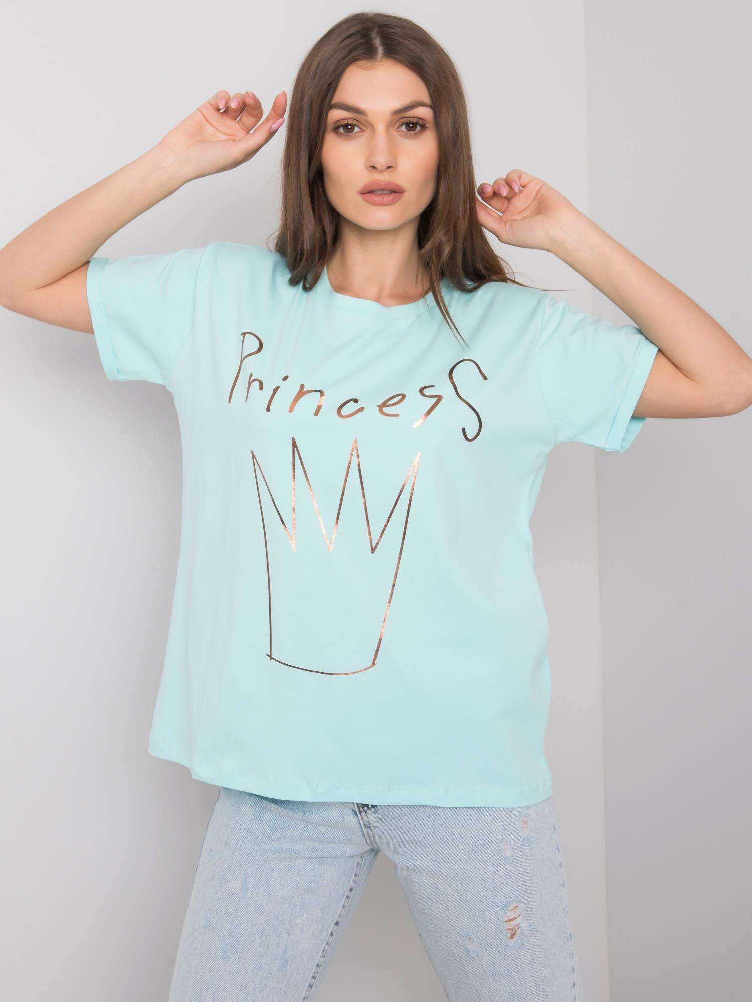 Miętowy damski t-shirt bawełniany z nadrukiem