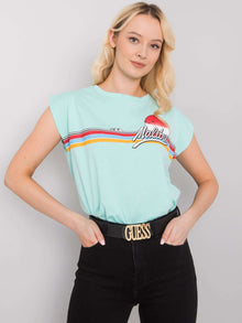Miętowy bawełniany t-shirt damski z nadrukiem
