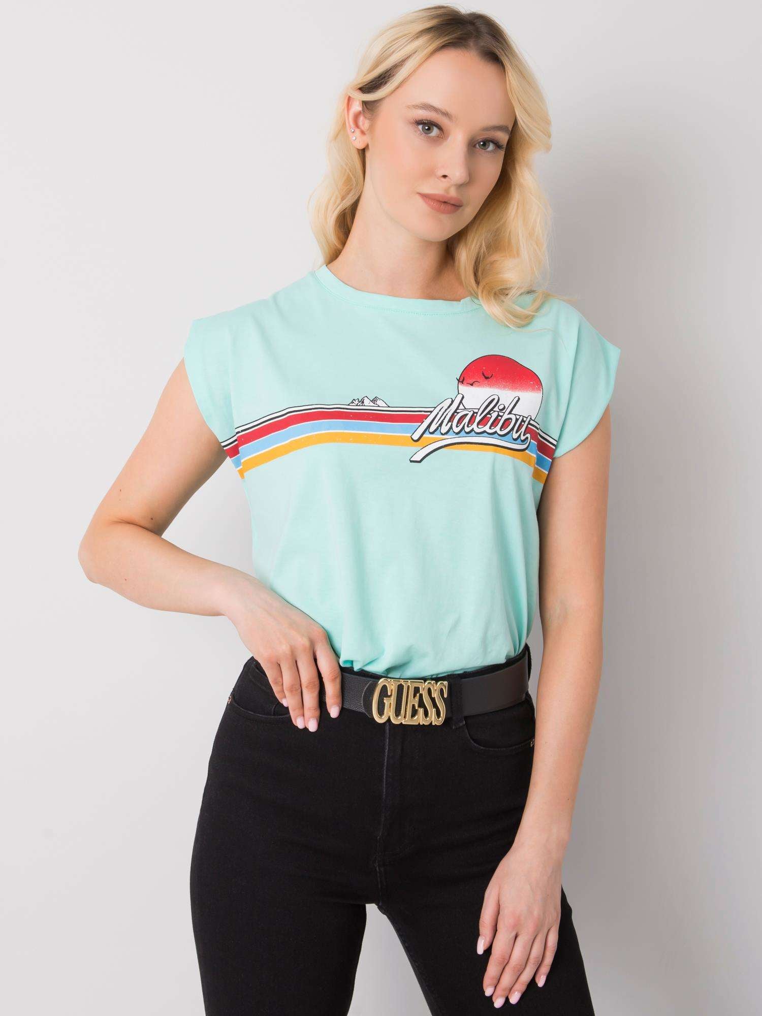 Miętowy bawełniany t-shirt damski z nadrukiem