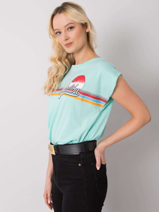 Miętowy bawełniany t-shirt damski z nadrukiem