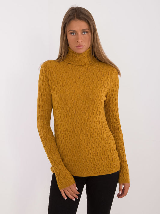 Musztardowy damski sweter golf w ażurowy wzór