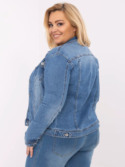 Niebieska jeansowa kurtka plus size z kieszeniami