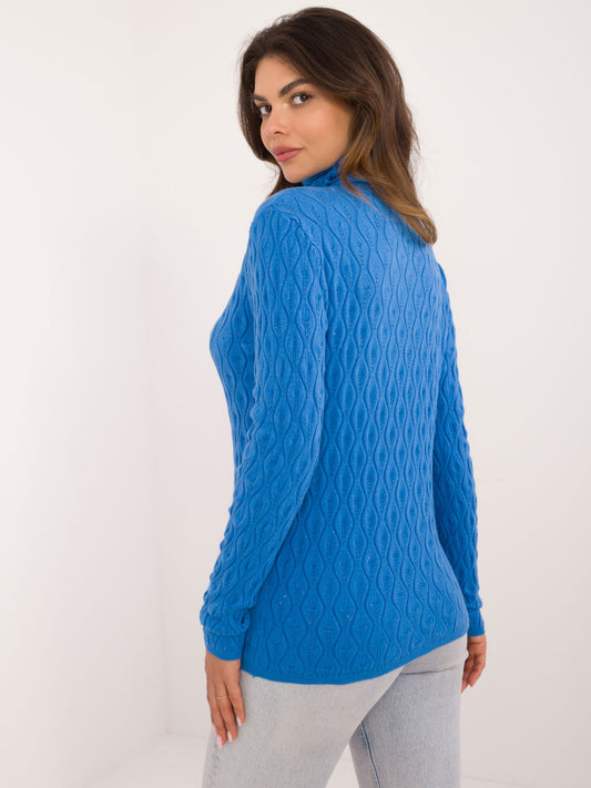 Niebieski damski sweter golf z błyszczącą nitką