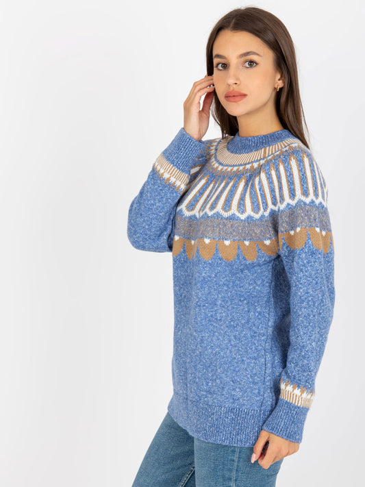 Niebieski sweter klasyczny ze wzorem RUE PARIS