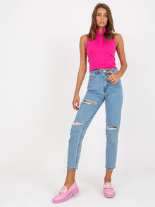Niebieskie damskie jeansy mom z dziurami