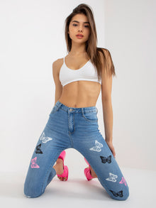 Niebieskie damskie spodnie jeansowe z nadrukiem
