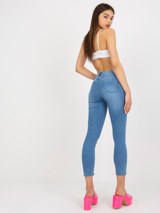 Niebieskie damskie spodnie jeansowe z nadrukiem