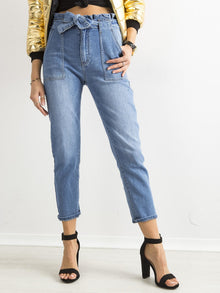 Jeansowe boyfriendy high waist z wiązaniem niebieskie