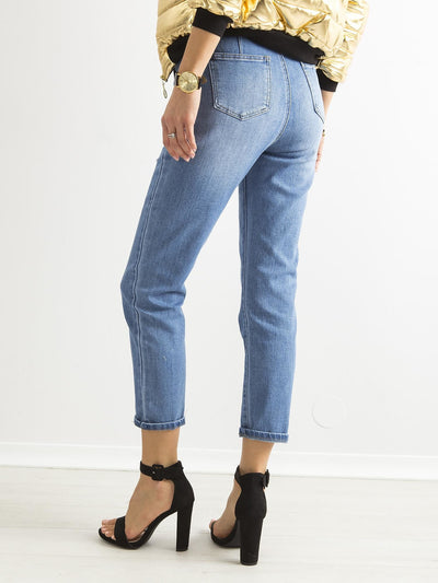 Jeansowe boyfriendy high waist z wiązaniem niebieskie