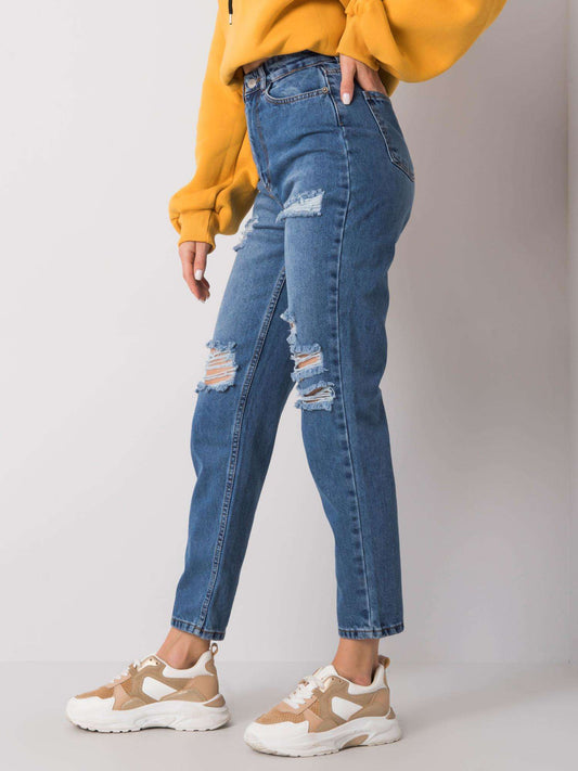 RUE PARIS Niebieskie spodnie jeansowe mom z dziurami