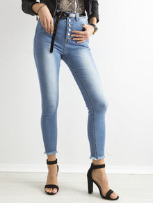 Przecierane jeansy high waist z guzikami niebieskie