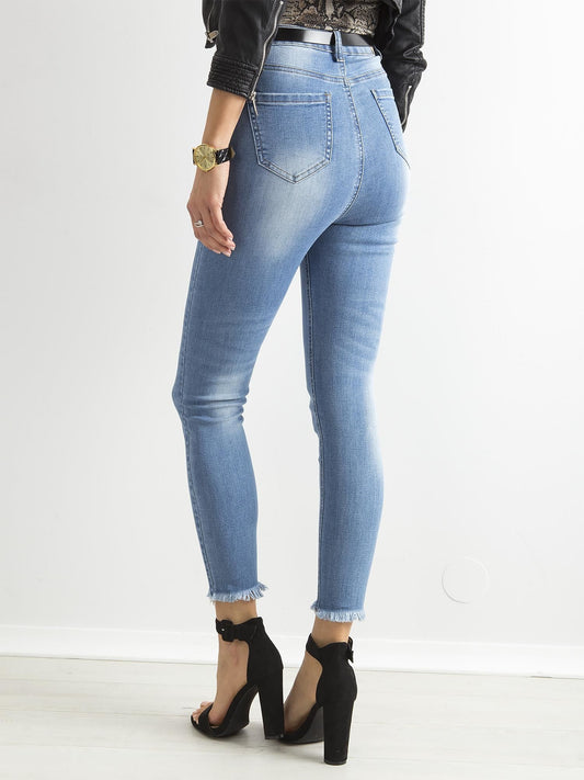 Przecierane jeansy high waist z guzikami niebieskie
