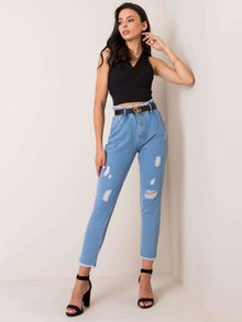 RUE PARIS Niebieskie jeansy high waist z przetarciami